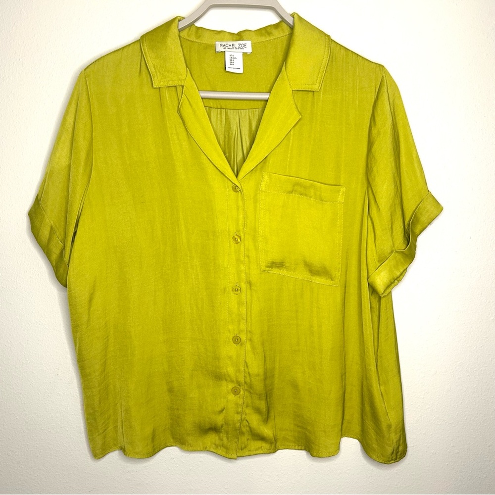 Rachel Zoe Size L Chartreuse Short Sleeve Button Front Blouse